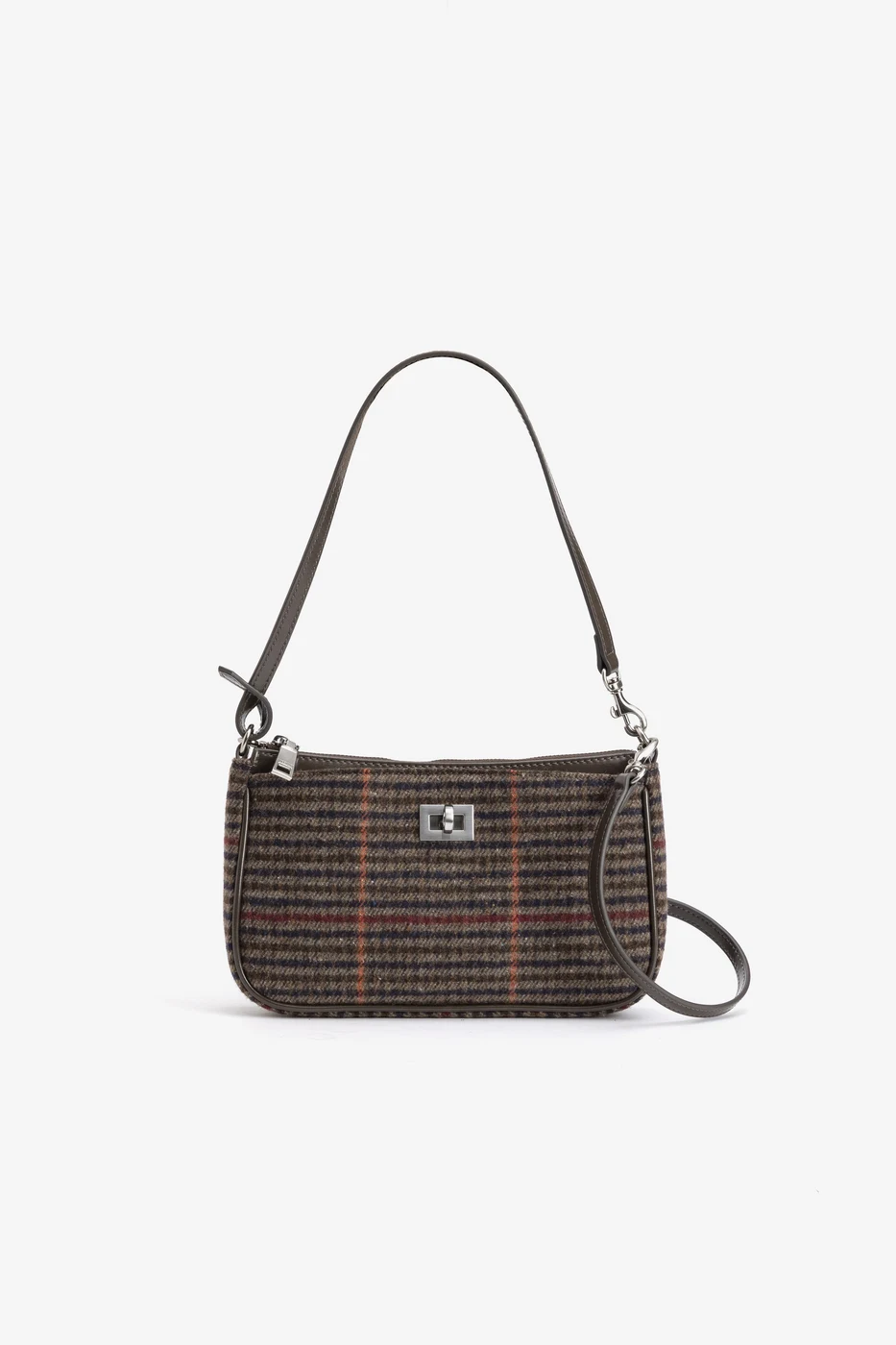 JULIA — Bolso bandolera de tweed de cuadros marrón con solapa y cierre de pestillo. - 285
