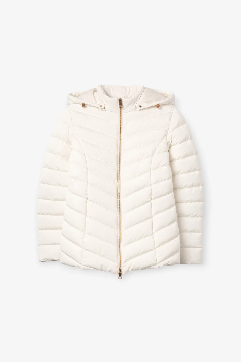 Pennye_1 — Plumífero blanco acolchado con capucha y cremallera dorada. - 110