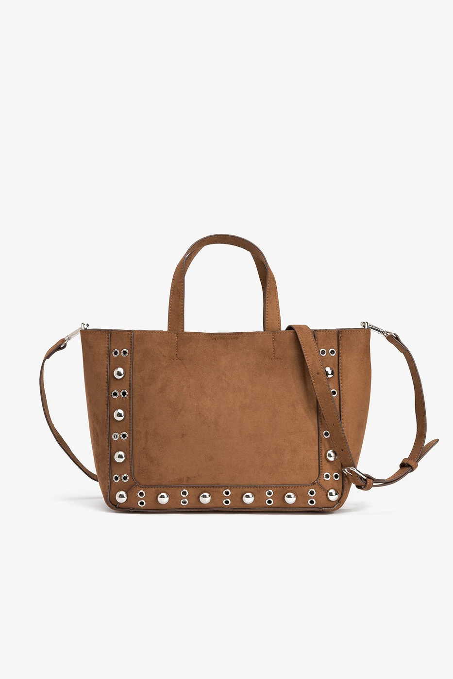 VICKY — Bolso tote de ante camel con tachuelas metálicas y bandolera desmontable. - 265