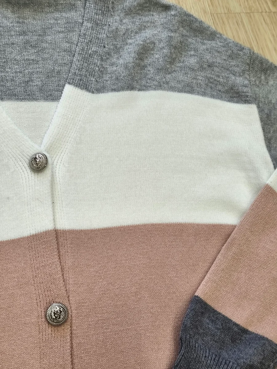 Cárdigan de rayas anchas con botones plateados - Gris y rosa