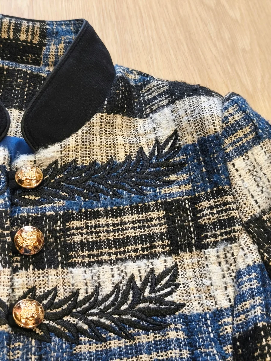 Chaqueta militar de cuadros con bordados - Azul