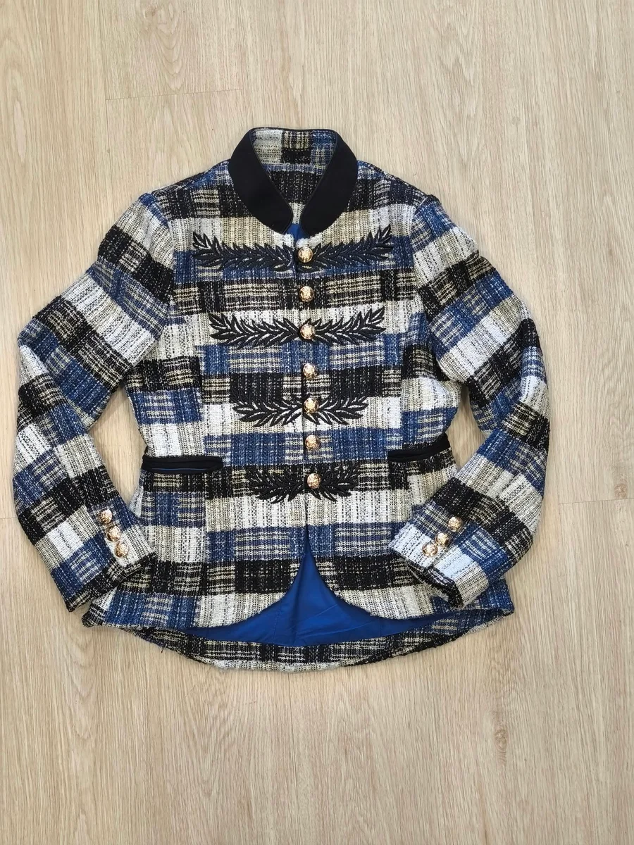 Chaqueta militar de cuadros con bordados - Azul