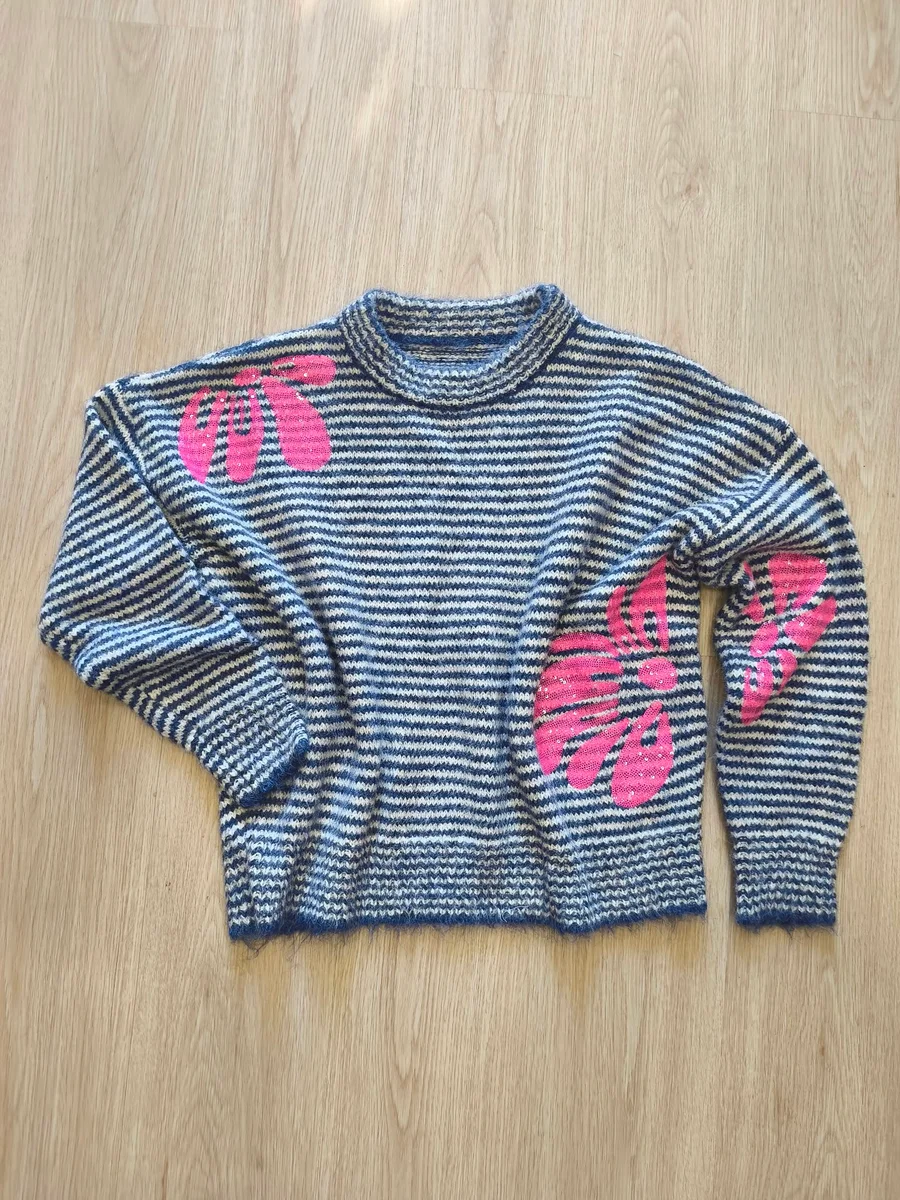 Jersey de rayas con flores de lentejuelas - Azul marino
