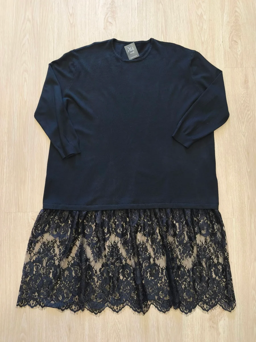 Vestido jersey con bajo de encaje - Azul marino