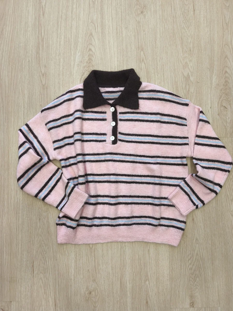 Jersey polo de rayas - Rosa (cuello marrón)