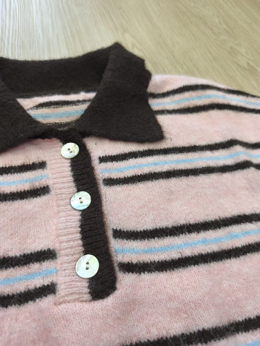Jersey polo de rayas - Rosa (cuello marrón)