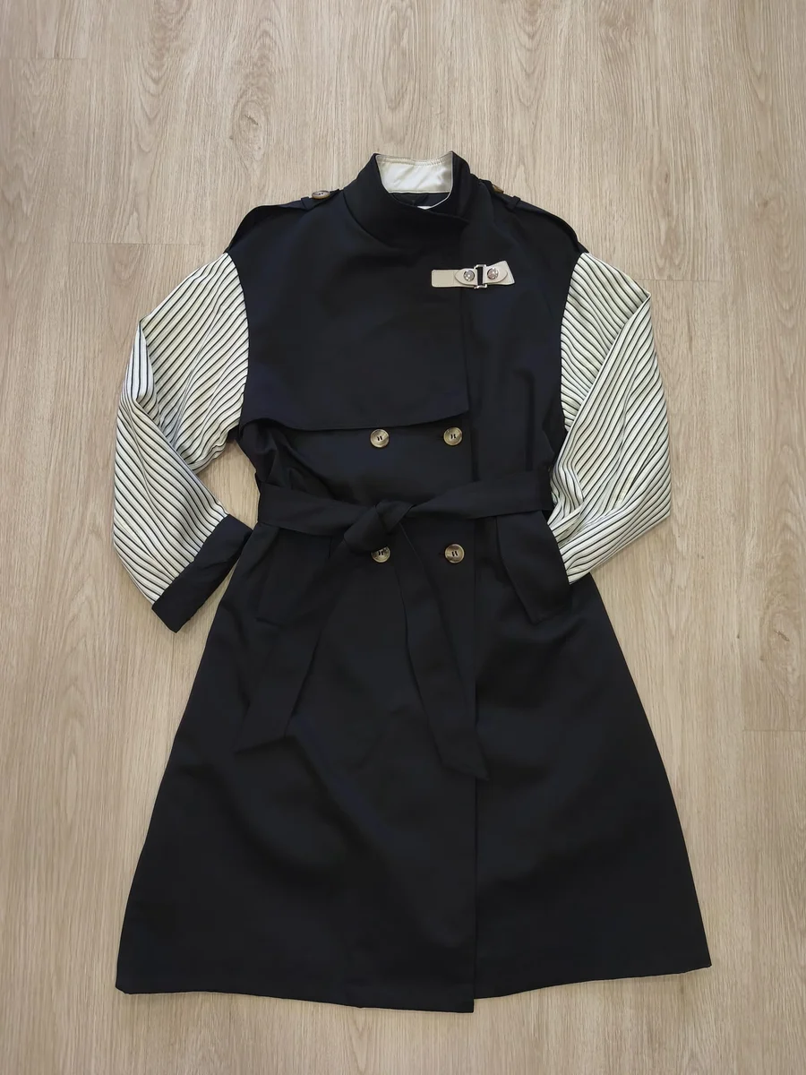 Vestido gabardina con mangas de rayas - Azul marino