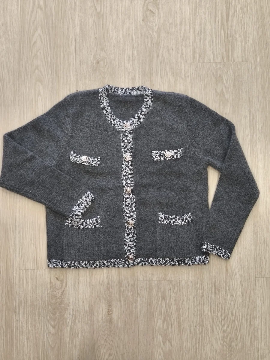 Chaqueta de punto con ribete de tweed - Gris