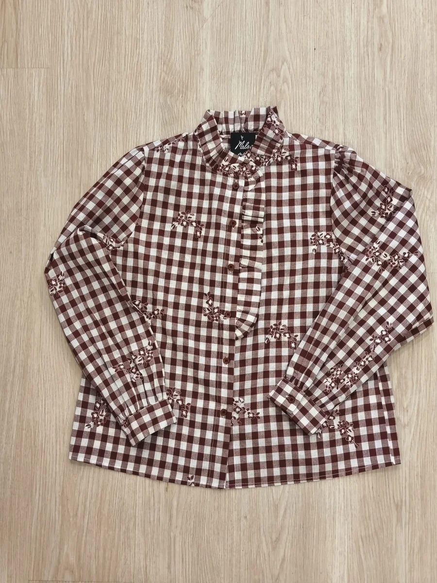 Camisa vichy con flores bordadas - Granate