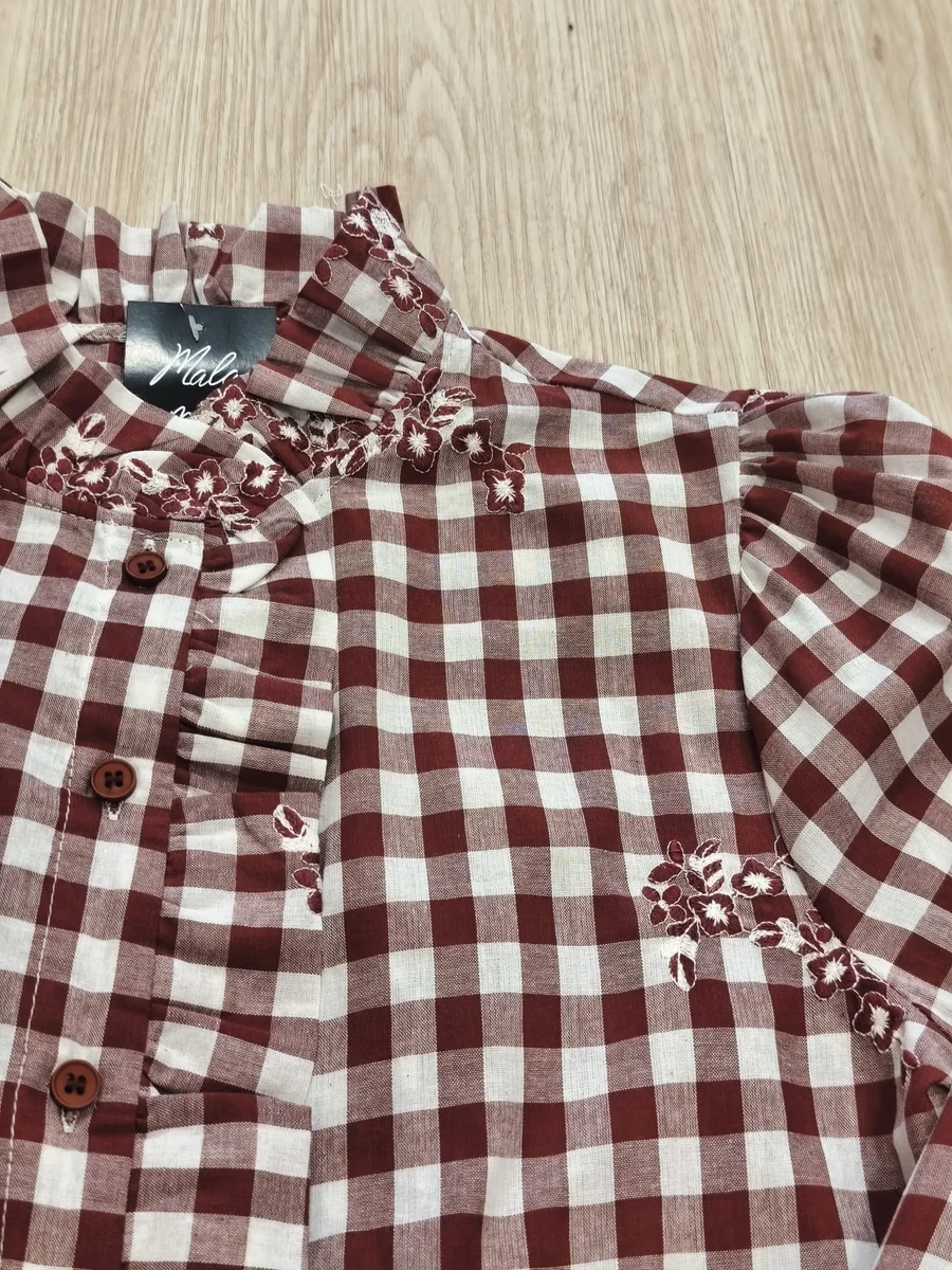 Camisa vichy con flores bordadas - Granate
