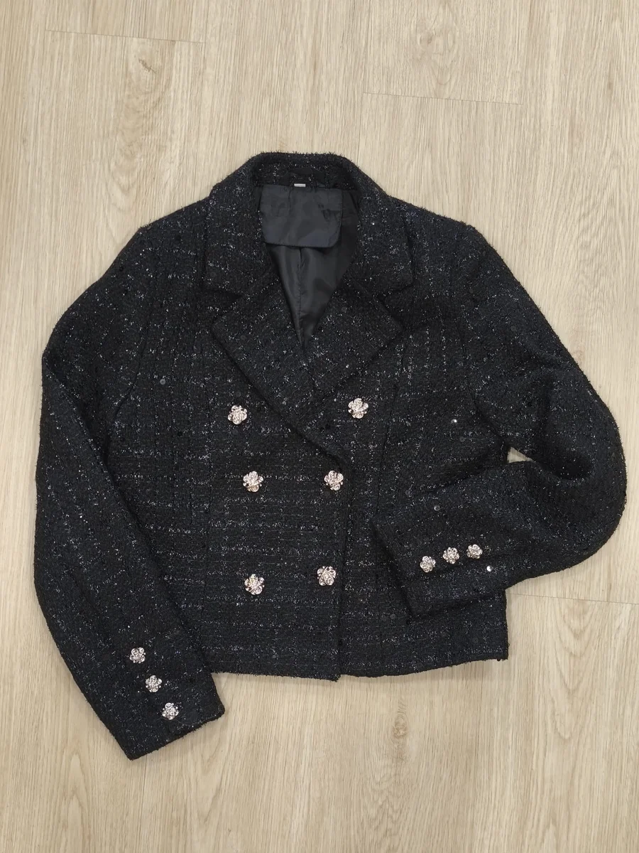 Chaqueta de tweed con botones joya - Negro