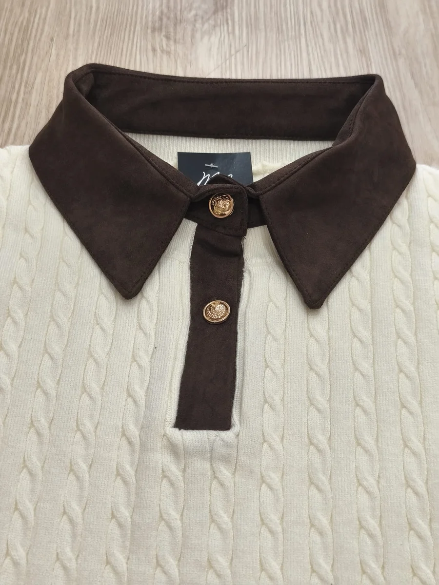 Jersey de ochos con cuello de antelina - Crudo