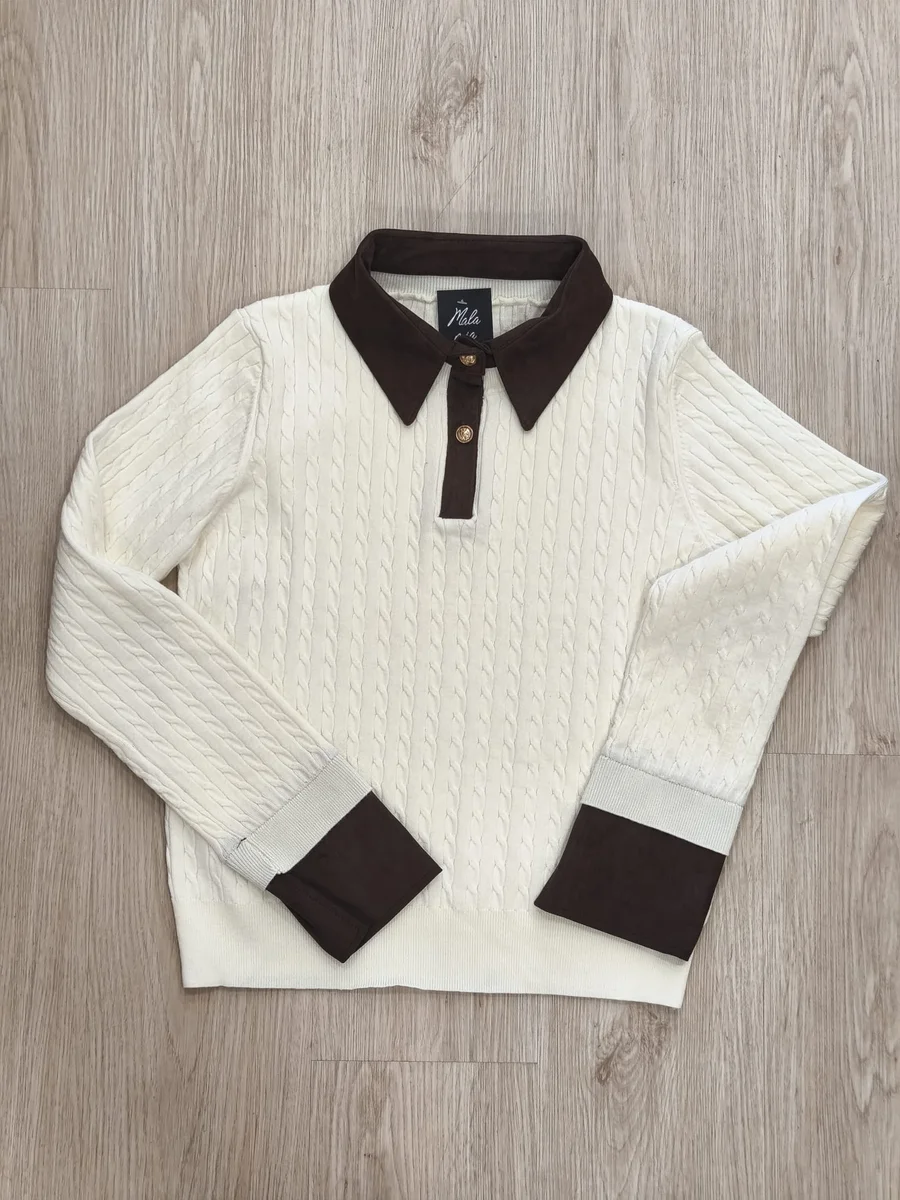 Jersey de ochos con cuello de antelina - Crudo