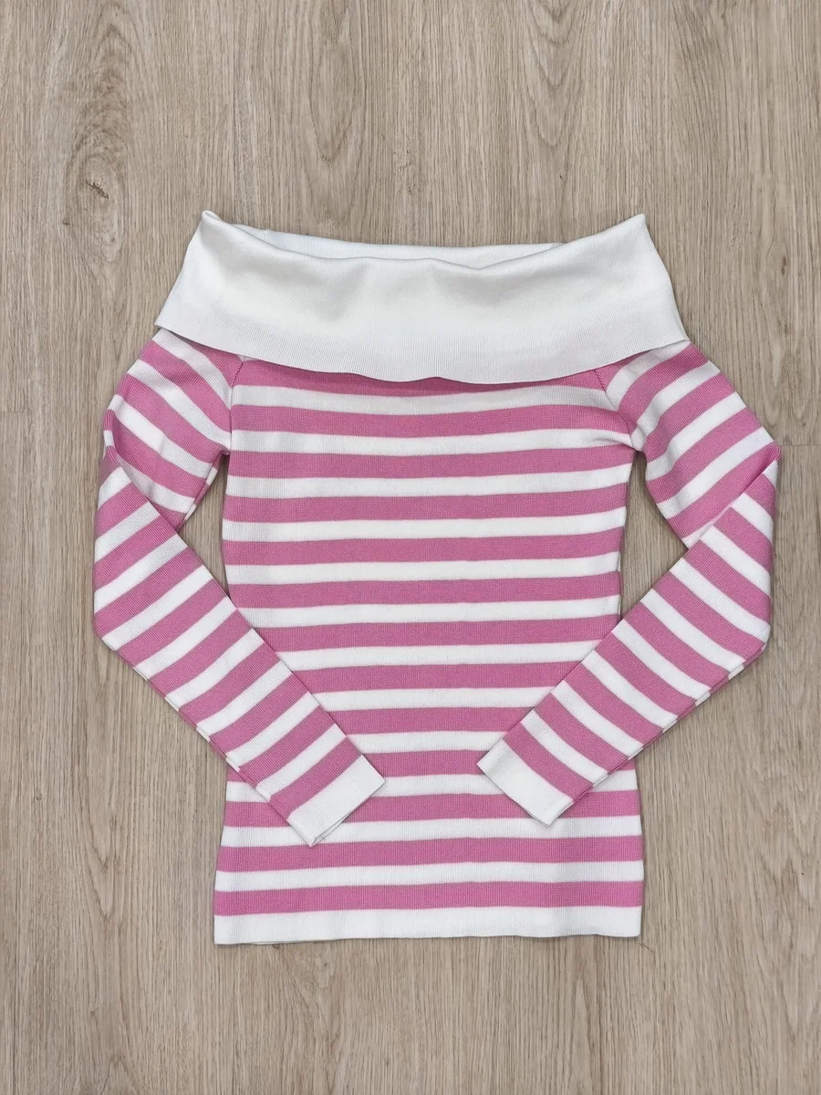 Jersey de rayas con escote barco - Rosa