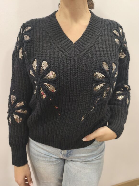 Jersey flor lentejuelas negro